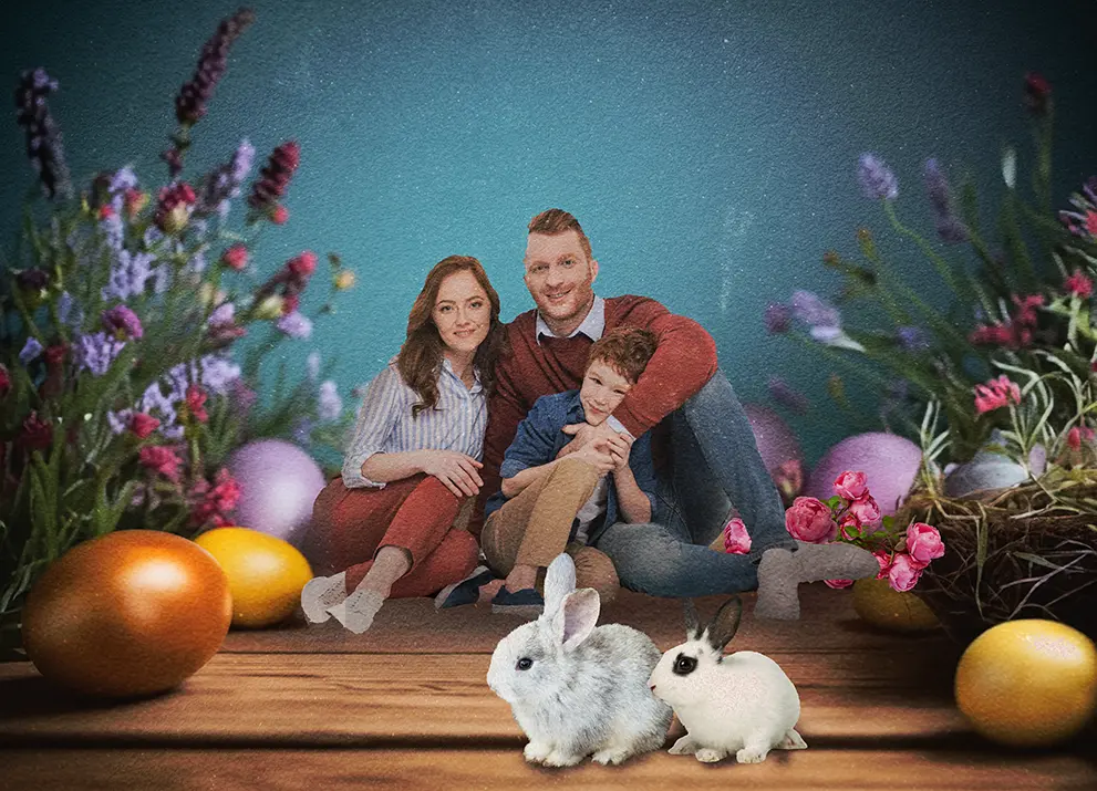 family posing with bunny