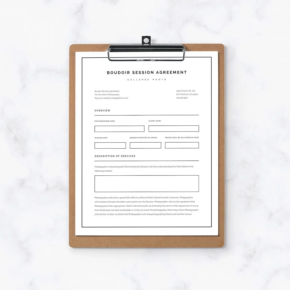 boudoir contracts, photography release form, professional boudoir photography contract