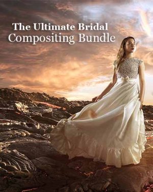 female model wearing bridal dress posing on a composited background