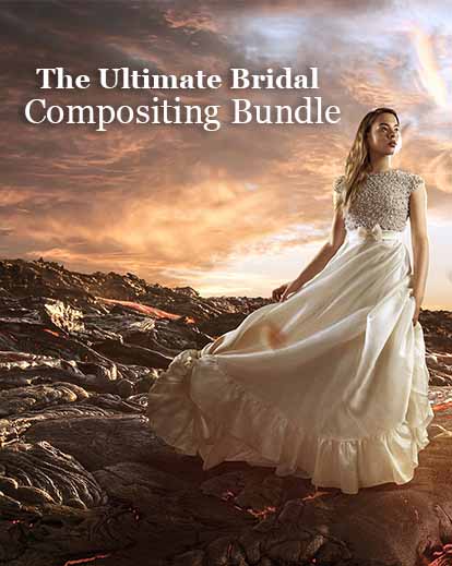 female model wearing bridal dress posing on a composited background