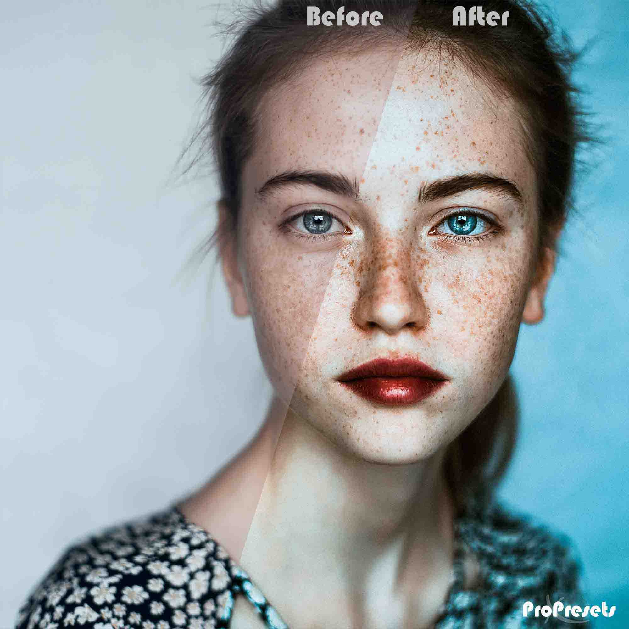 girl face portrait before and after applying massive presets