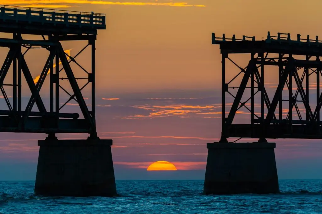 sunset between two bridges