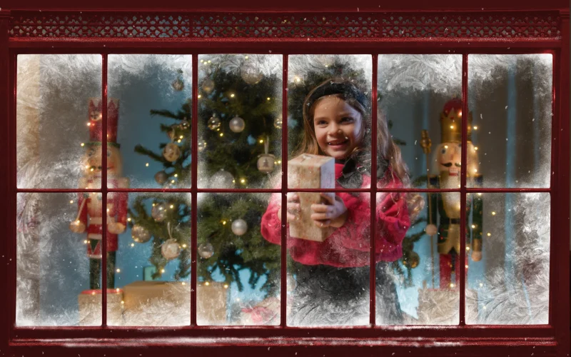 image after adding Christmas overlays, winter window frame overlays