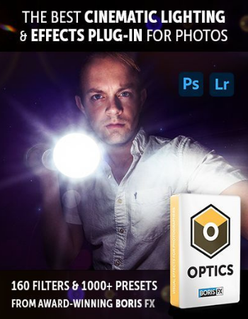 Cover image of boris fx optics software with a man pointing flashlight at the camera