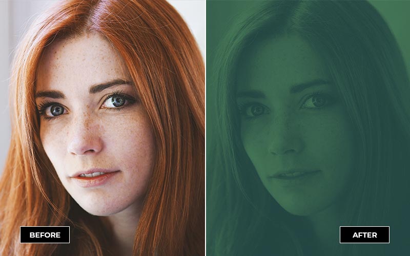female portrait before and after ps action applied