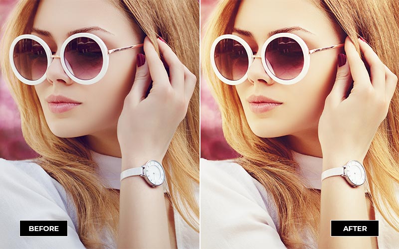 female model portrait wearing white clothes, watch and glass b&a with filter applied