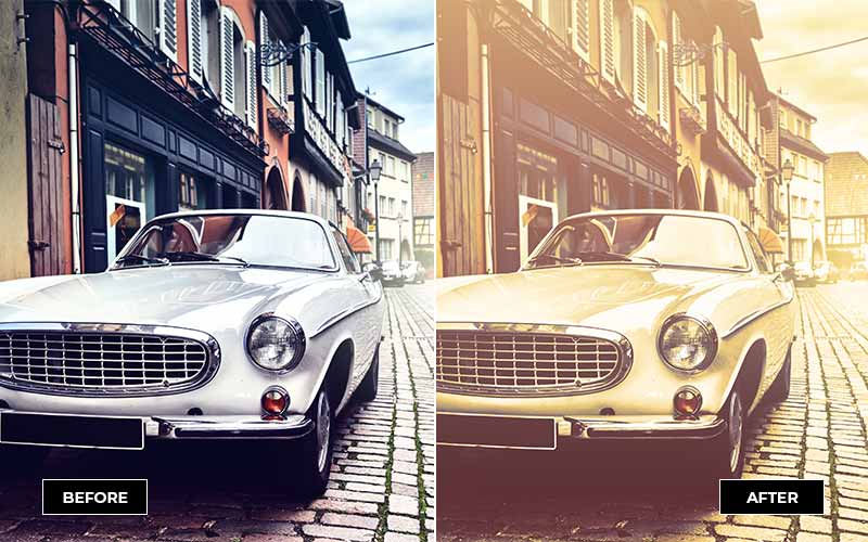 white vintage car with yellow premium filter applied before and after