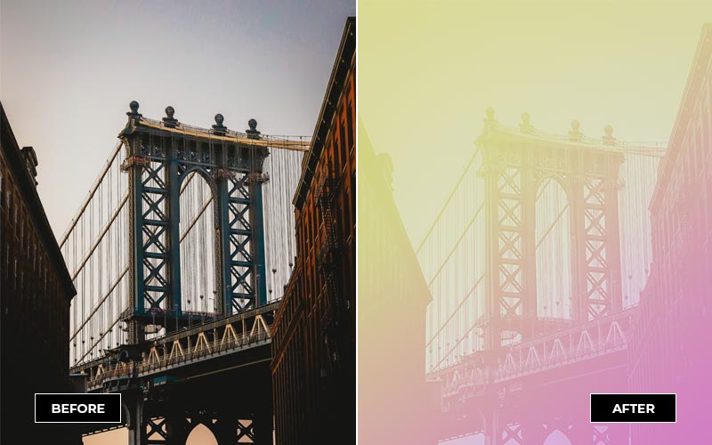 cityscape of a hanging iron bridge converted to a duotone background with effect applied