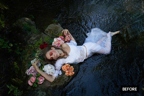 Model posing in a river before preview