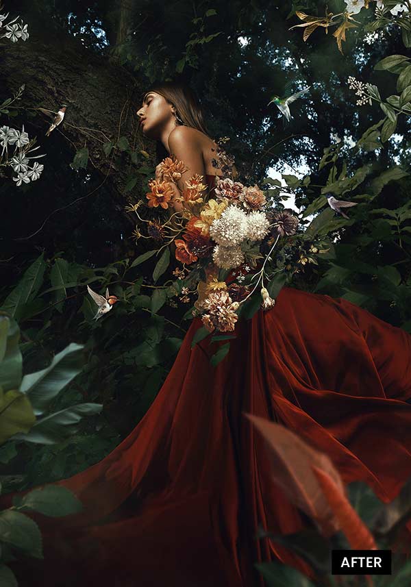 Photo compositing of a female model in the forest