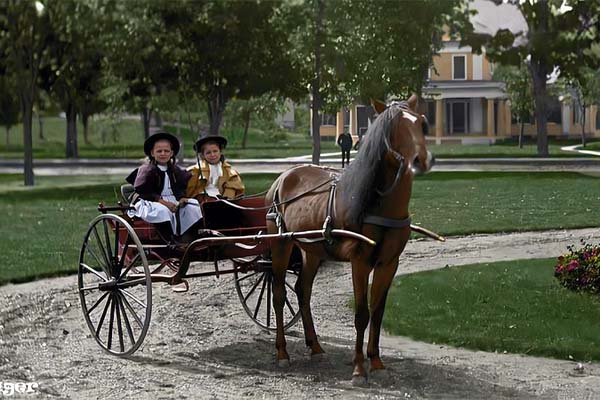 a girl & a boy on a horse cart