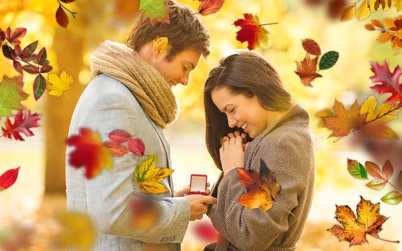 Couple photo edited using autumn leaf overlays