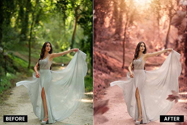A before and after image of a woman posing in a white dress with trees in the background