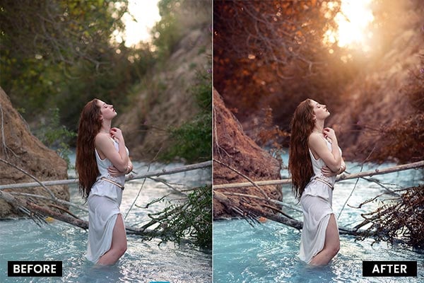 Before & after preview of a model posing in a river