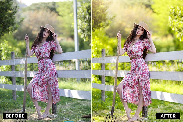 Before & after preview of a model leaning on a fence