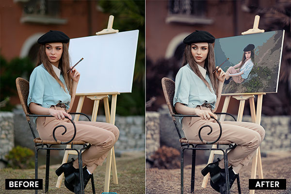 Before & after preview of a lady painting