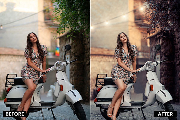 Before & after preview of a model posing on a scooty