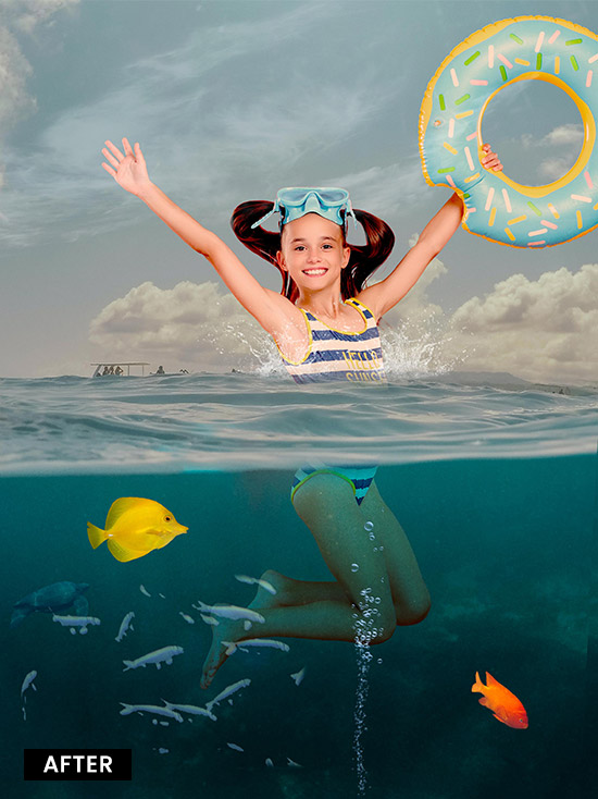 Underwater backdrop added to a jumping girls photo