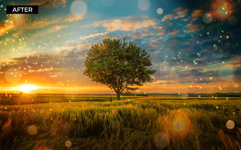 Light overlays added on a sunset landscape