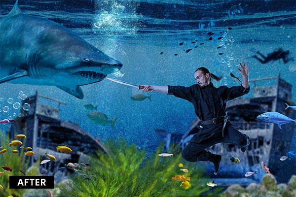 Composite of a man fighting with a shark