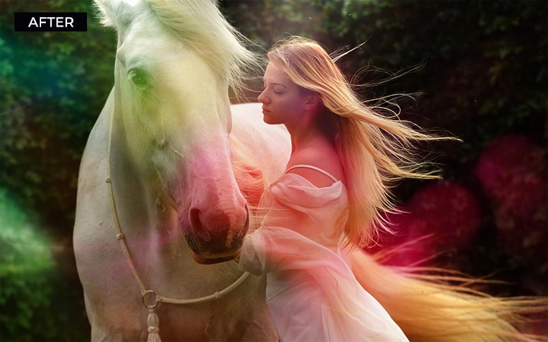 After image of a white horse with a girl dressed in white