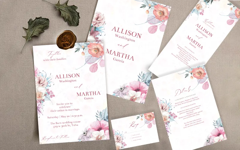 Floral wedding invitation templates - printed preview
