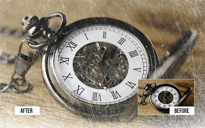 Before and after dust particle overlay on vintage pocket watch and books still life