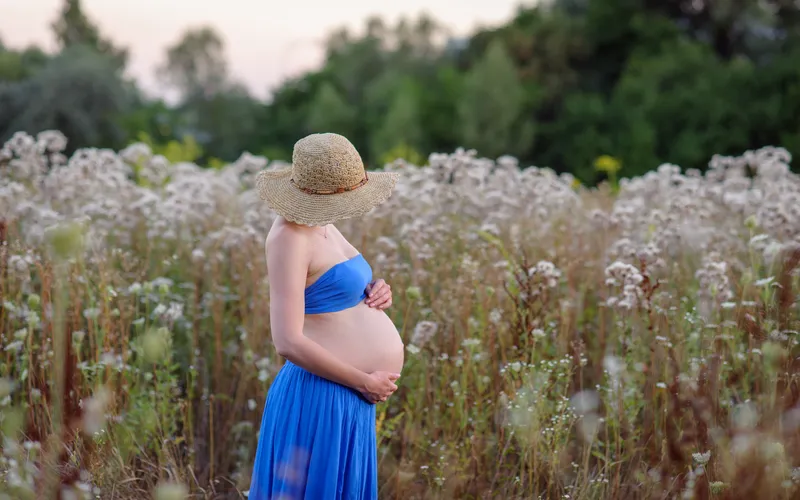 maternity photoshoot in a field of flowers