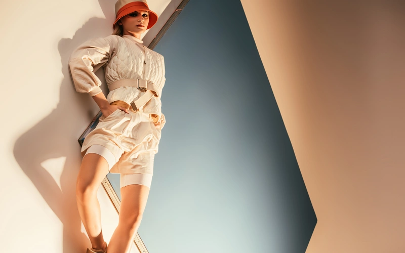 Woman in a beige outfit and red hat leaning against a teal and orange wall, captured mid-movement