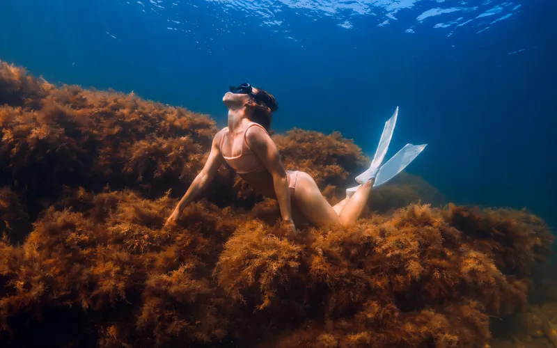 Model posing near seaweed for a nature-inspired underwater photoshoot