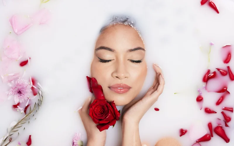 floral nude bath photography, luxurious nude bath photography, peaceful milk bath photography