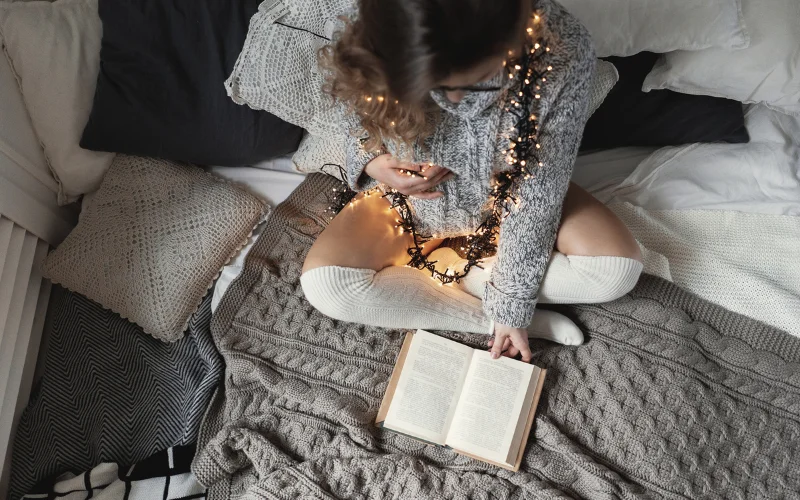 bedroom photography setup, self-portrait bedroom shoot with twinkling lights