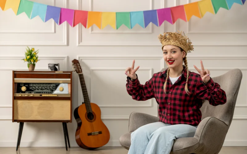 woman posing with a prop of carrots
