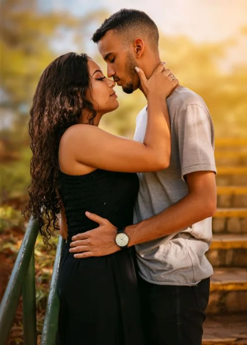 Close couple pose with the man kissing his partner's neck in warm golden light