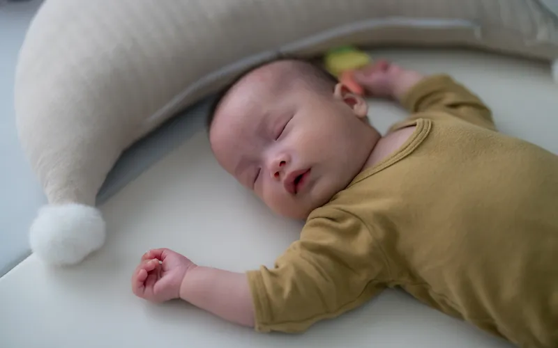 Newborn poses for beginners with baby sleeping peacefully on a soft cream pillow