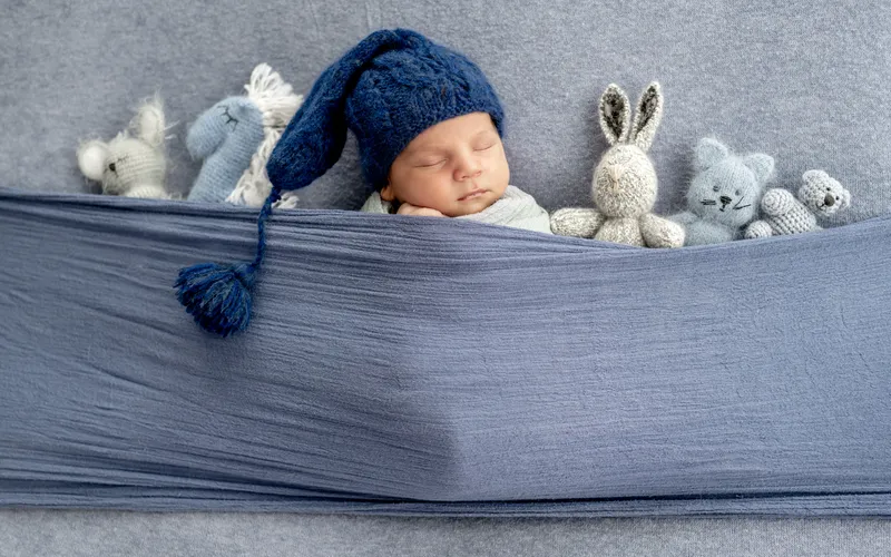 Cute newborn pose with baby swaddled in a wooden bowl surrounded by soft toy animals