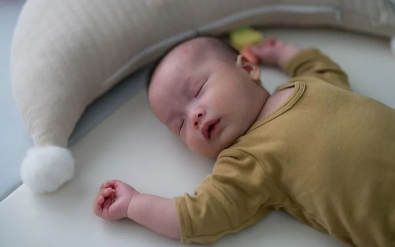 Newborn poses for beginners with baby sleeping peacefully on a soft cream pillow