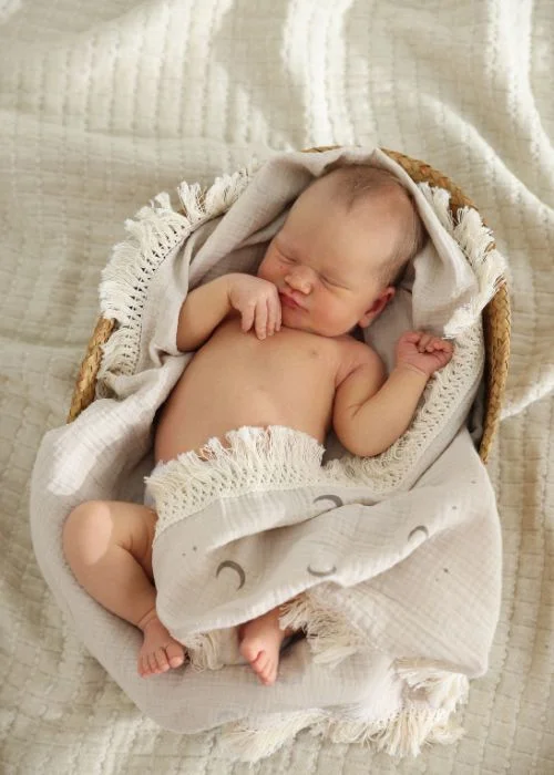 Cute newborn poses with baby wrapped snugly in a neutral tan swaddle, sleeping