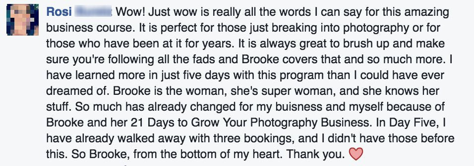 Customer Testimonial on photography business course