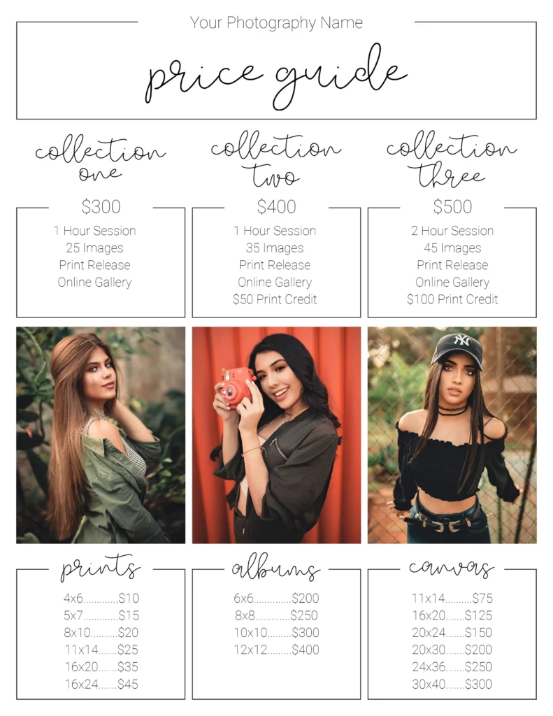 photography price list guide