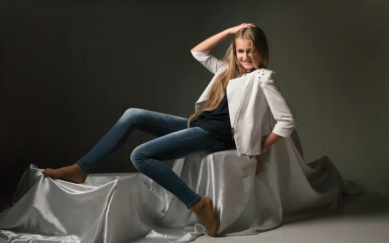 full body portrait of a woman in studio