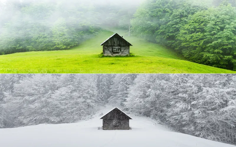 photo of small hut in summer and winter