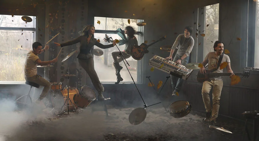 musicians flying in the air - levitation photography ideas