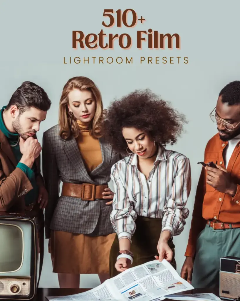 retro film poster, lightroom presets, friends enjoying movie time, four people sitting on the couch with popcorn in hand