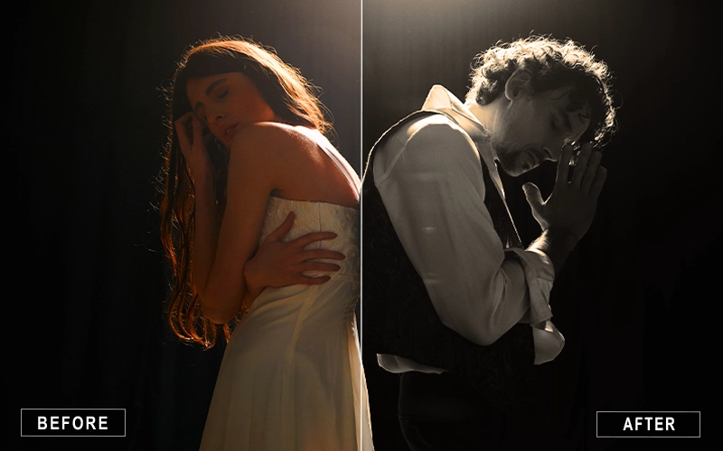 before- after effects, black and white photo, poses for men and women , woman and man standing against each other