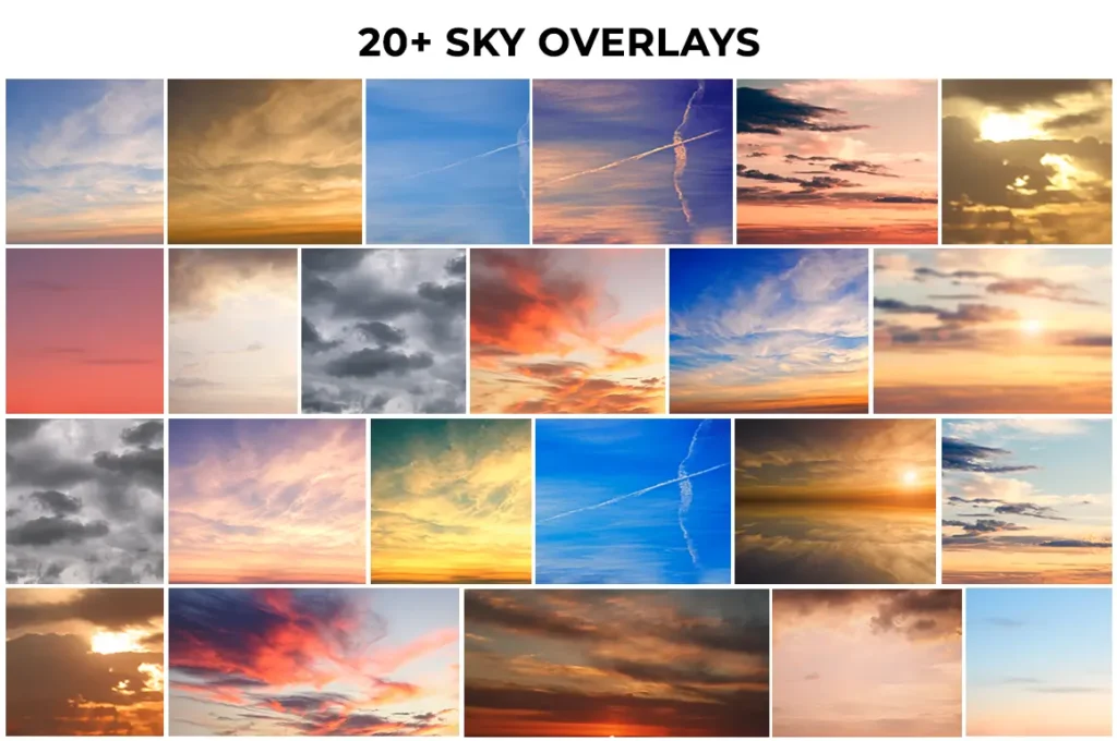 collage of different sky overlays offered in the bundle