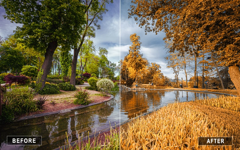 vibrant autumn photoshop action, fall editing Photoshop, autumn color grading, warm tone Photoshop actions, fall foliage Photoshop
