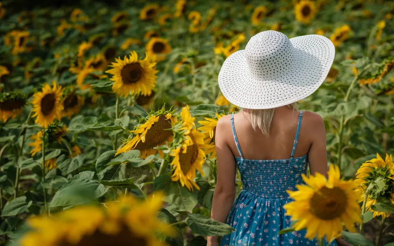 woman in a cute outfit and hat in the middle of sunflower field