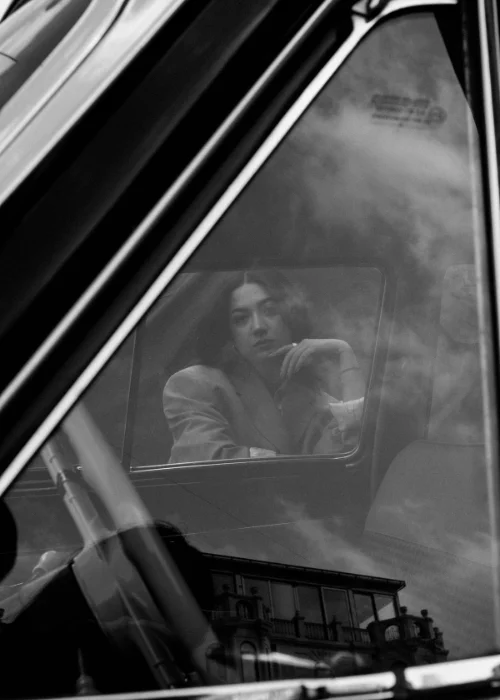 a black and white photo of a car photoshoot