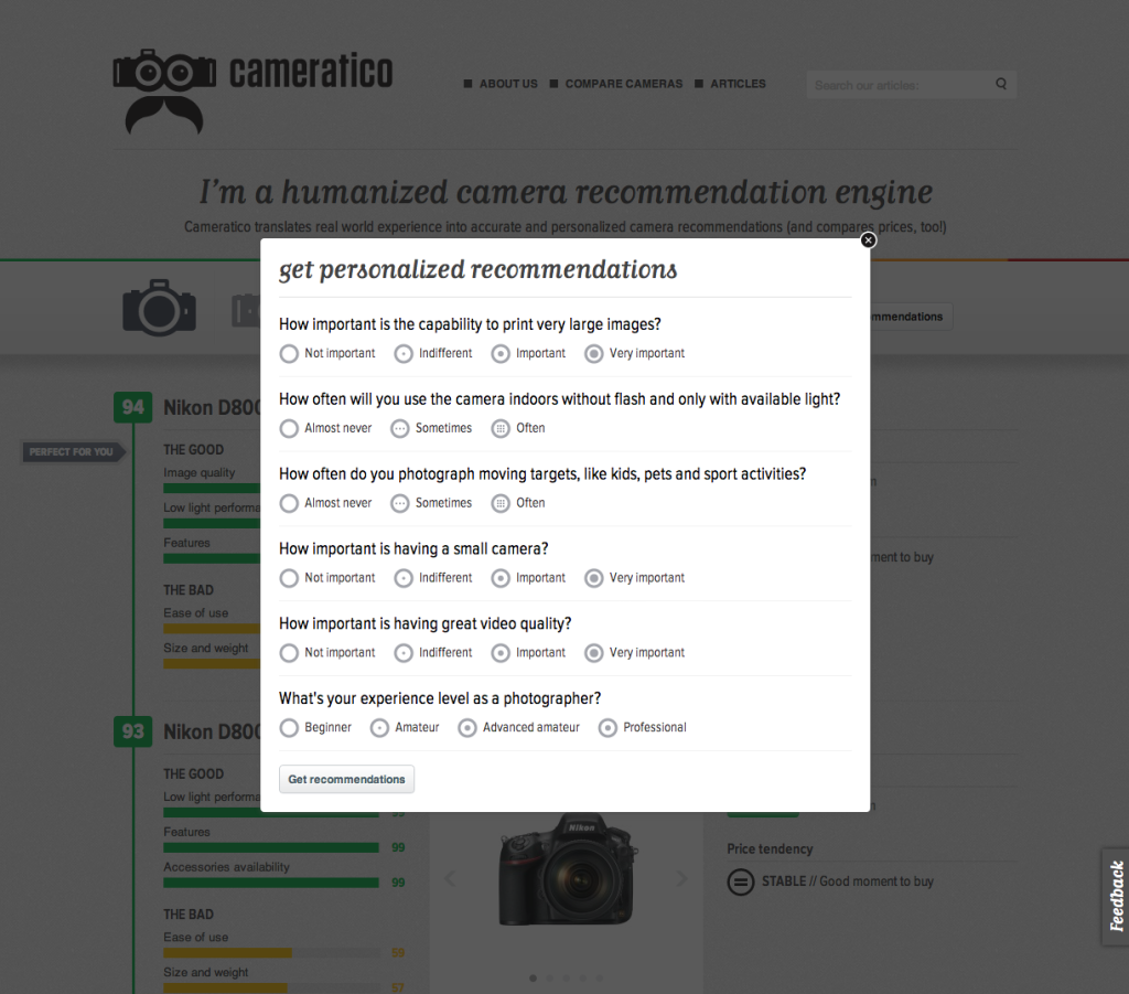 image of personalized recommendations on cameratico